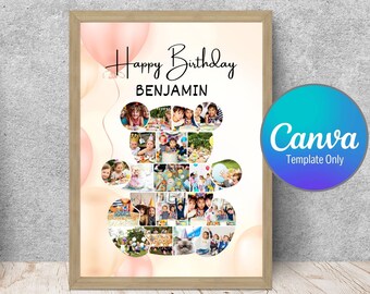 Bär Geburtstag Fotocollage, Benutzerdefinierte Rahmen, bearbeitbare Canva-Vorlage (digital)