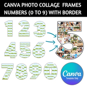 May include: Ten photo collage frames in the shape of numbers 0 through 9. The frames have a white and green striped pattern. The frames are outlined in black. The text "Canva Template Only" is in the lower right corner of the image.