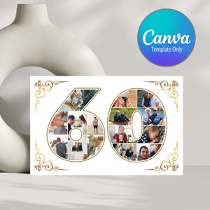 Bewerkbare kaartsjabloon fotocollage, kaart 60-jarig jubileum, 60-jarig jubileum, 60-jarige verjaardag, nummer 60 fotolijsten