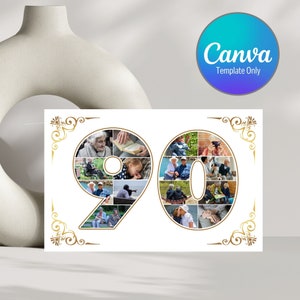 Editable Photo Collage Card Template, 90 Year Celebration Card, 90 Year Anniversary, 90 Year Old's Birthday, Number 90 Photo Frames