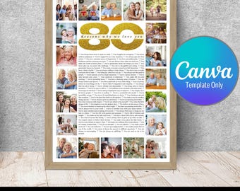 80th Birthday Photo Collage Gift: "80 Reasons" Canva Template (Digital Download)
