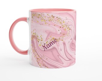 Tasse en céramique fluide personnalisée en marbre aquarelle or et rose avec nom | Tasse personnalisée avec nom | Conception 3D