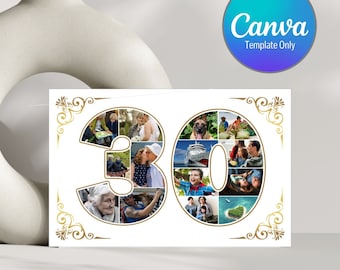 Modelo de cartão de colagem de fotos para comemoração de 30 anos, modelo editável do Canva (digital)