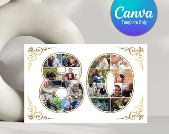 Modelo de cartão com colagem de fotos para comemorar 80 anos, modelo editável do Canva (digital)