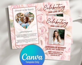 Pink Roses Funeral Program Template, Editable Obituary, Canva (Digital Download)