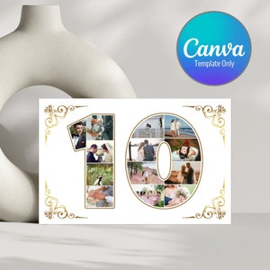 Editable Photo Collage Card Template, Ten Year Celebration Card, Ten Year Anniversary, Ten Year Old's Birthday, Number Ten Photo Frames