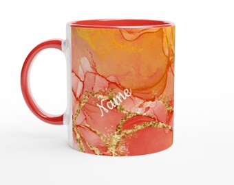 Mug personnalisée en céramique fluide or-orange rouge aquarelle marbre | Mug personnalisé avec nom | Conception 3D