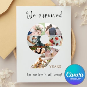 Bewerkbare sjabloon fotokaart 9 jaar, nummer 9 fotocollagekaart uitgesneden, gelukkige verjaardag kaart, canvas ontwerpsjabloonkaart