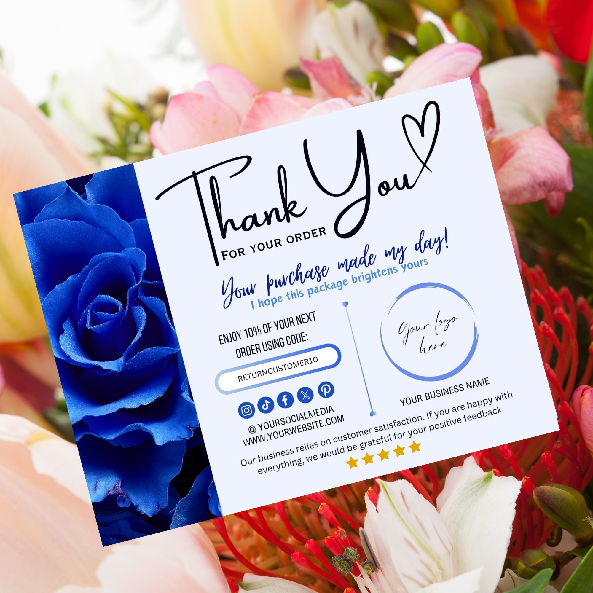 Blue Flower Thank You Card Template, Editable Canva Design (digital) - Etsy