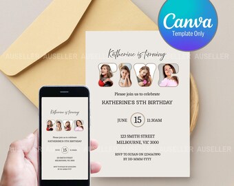 Photo Collage 5th Birthday Invitation, Minimalist Design (Digital Download)