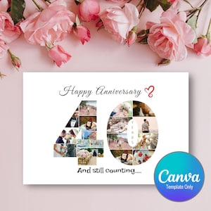 40-jähriges Jubiläum Fotokarte bearbeitbare Vorlage, Nummer 40 Ausschnitt Fotocollage Karte, alles Gute zum Jubiläumskarte, Canva Design Template Card