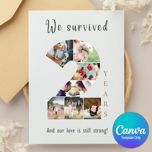 Plantilla editable de tarjeta fotográfica de segundo aniversario, tarjeta de collage de fotos recortadas del número 2, tarjeta de feliz aniversario, plantilla de diseño de Canva