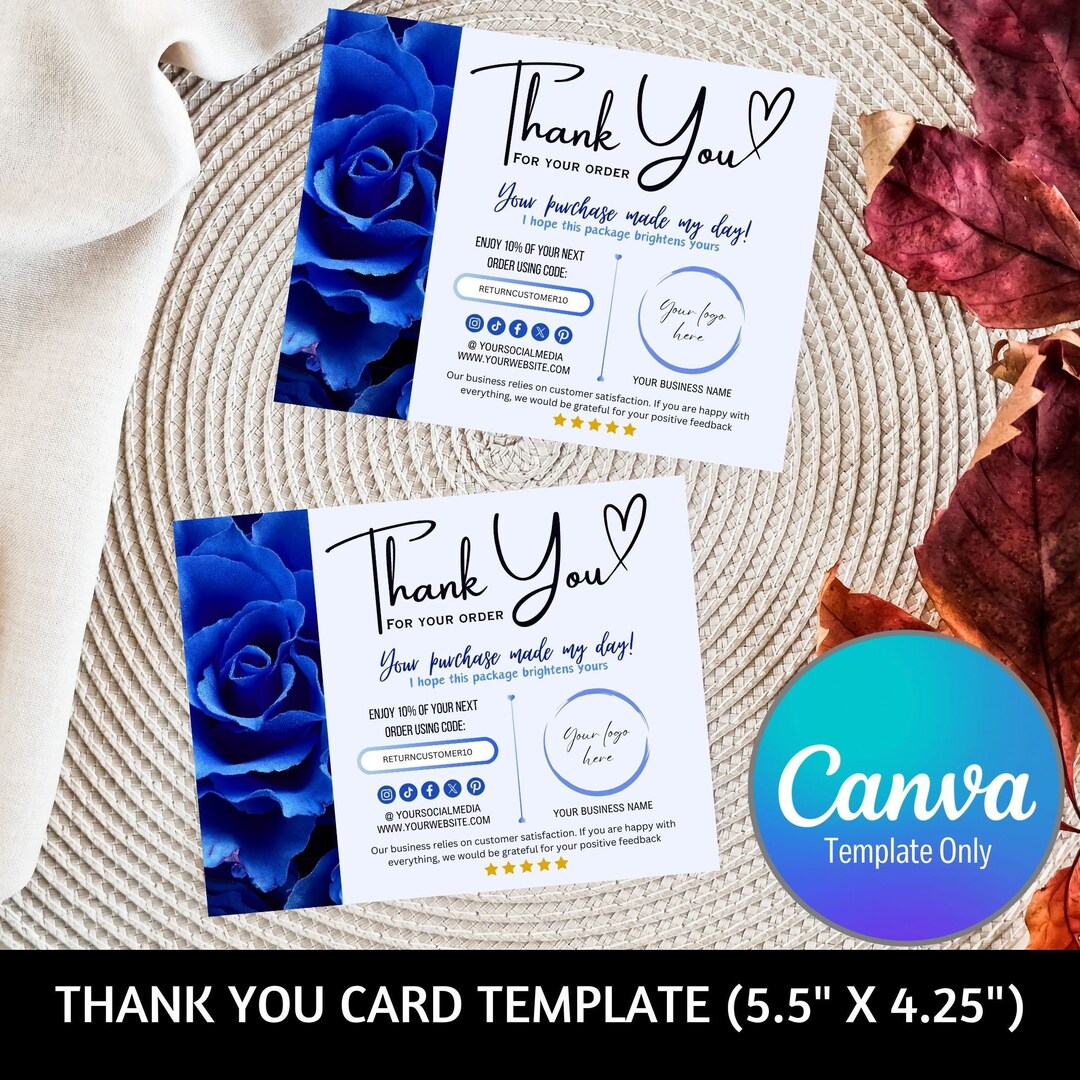 Blue Flower Thank You Card Template, Editable Canva Design (digital) - Etsy