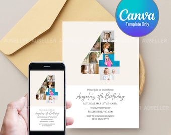 4th Birthday Photo Collage Invitation, Minimalist Canva Template (Digital Download)