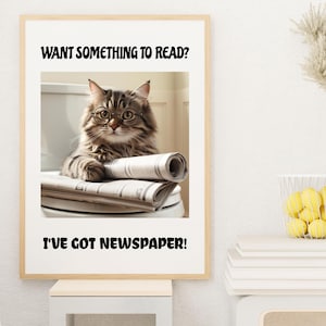 Letreros imprimibles divertidos de gato con periódico para el baño, humor sobre el baño, decoración divertida para la pared del baño, gato con anteojos, arte de pared para el baño, chiste sobre el baño