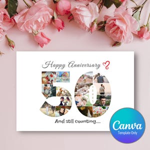 50-jarig jubileum fotokaart bewerkbare sjabloon, nummer 50 uitgesneden fotocollagekaart, gelukkige verjaardag kaart, canvas ontwerpsjabloonkaart