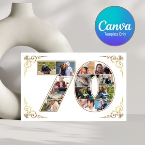 Editable Photo Collage Card Template, 70 Year Celebration Card, 70 Year Anniversary, 70 Year Old's Birthday, Number 70 Photo Frames