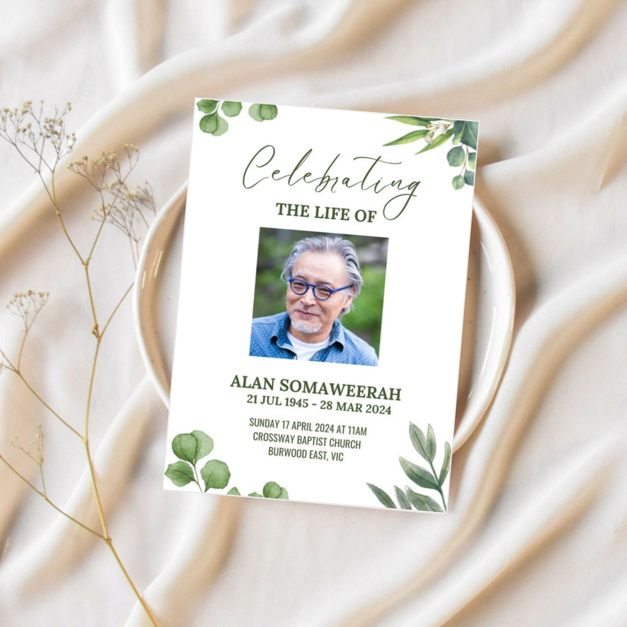 Green Leaves Funeral Program Template, Editable Memorial (digital ...