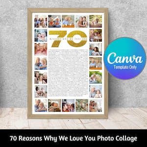 70 Reasons Why We Love You, 70th Birthday Gift For Her, 70th Birthday Gift For Women, Gold Glitter Number, Personalised Photo Gift, Canva