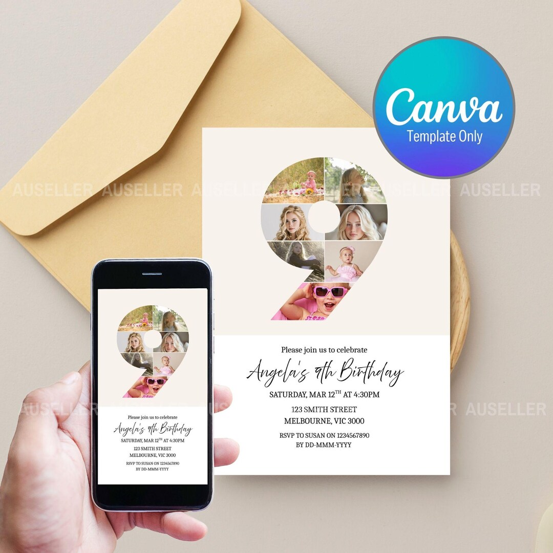 9th Birthday Photo Collage Invitation, Minimalist Canva Template ...