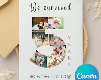 Cartão de colagem de fotos para aniversário de 5 anos, modelo do Canva, presente para casal para imprimir (download digital)
