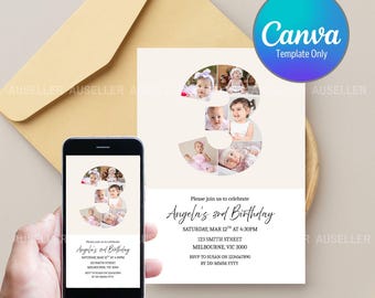 3rd Birthday Photo Collage Invitation, Minimalist Canva Template (Digital Download)