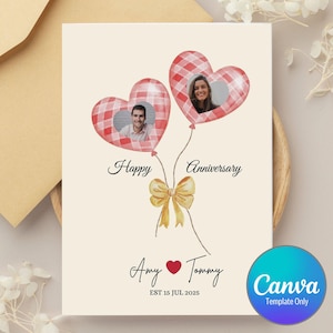May include: A cream-colored anniversary card featuring two heart-shaped balloons with photos of a couple inside. The balloons are red and white checkered. The card says "Happy Anniversary" and "Amy ❤️ Tommy" with the date "EST 15 JUL 2025". A yellow bow is between the balloons.
