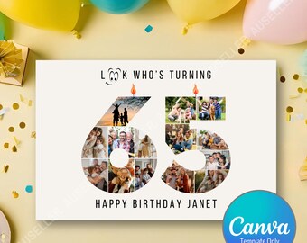 Editable 65th Birthday Photo Card Template, Canva Template Number Collage (Digital)