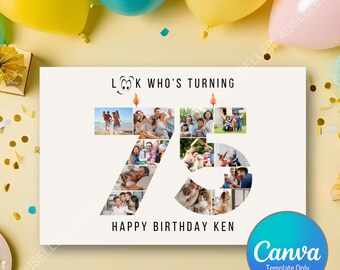 Puede incluir: Una tarjeta de cumpleaños con el texto "Look Who's Turning" y "Happy Birthday Ken". El número 75 está lleno de fotos familiares. La tarjeta está rodeada de globos amarillos, azules y rosas.