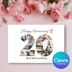 Modèle modifiable de carte photo d'anniversaire de 20 ans, carte de collage photo découpe numéro 20, carte de joyeux anniversaire, carte de modèle de conception de toile