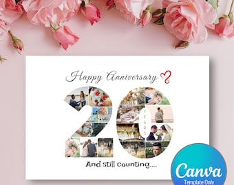 Cartão de colagem de fotos para o 20º aniversário, Feliz Aniversário, Modelo editável do Canva (Download digital)