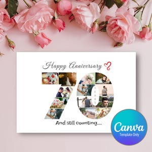 Modèle modifiable de carte photo d'anniversaire de 70 ans, carte de collage photo découpe numéro 70, carte de joyeux anniversaire, carte de modèle de conception de toile