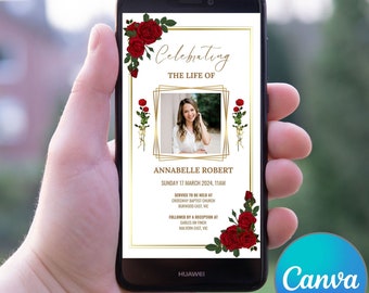 Red Rose Funeral E-Invite, Celebration of Life Announcement, Editable Canva Template