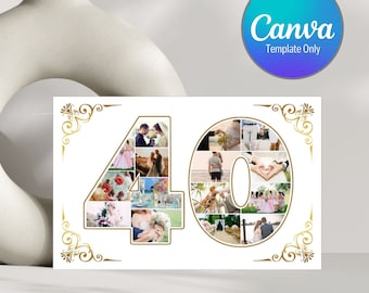 Plantilla de tarjeta con collage de fotos para celebrar 40 años, plantilla editable de Canva, descarga instantánea.