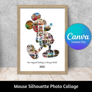 May include: Framed photo collage in the shape of a mouse, filled with various photos. The frame is light brown. Text at the bottom reads "Our magical holiday to Disney World 2025". The words "Mouse Silhouette Photo Collage" are at the bottom.