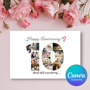 10 Year Anniversary Photo Card Editable Template, Number 10 Cutout Photo Collage Card, Happy Anniversary Card, Canva Design Template Card