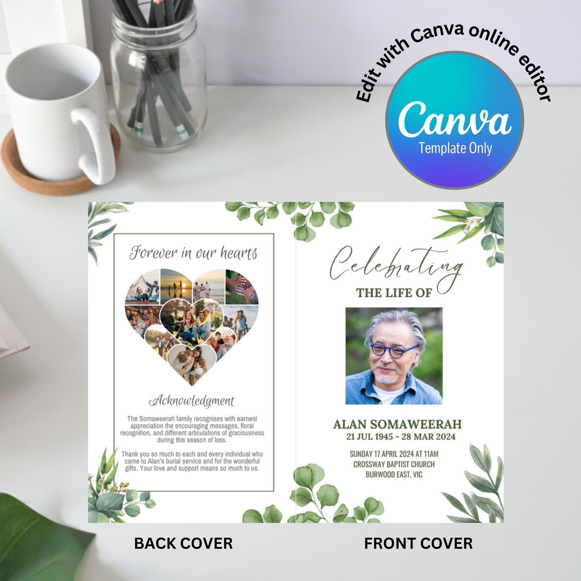 Green Leaves Funeral Program Template, Editable Memorial (digital ...