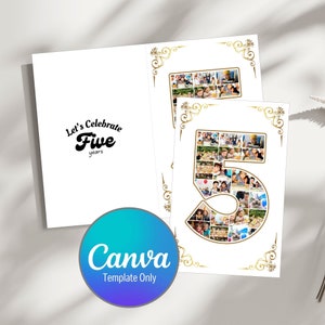 Modelo de cartão de colagem de fotos editável, cartão de comemoração de cinco anos, aniversário de cinco anos, aniversário de cinco anos, molduras para fotos com o número cinco