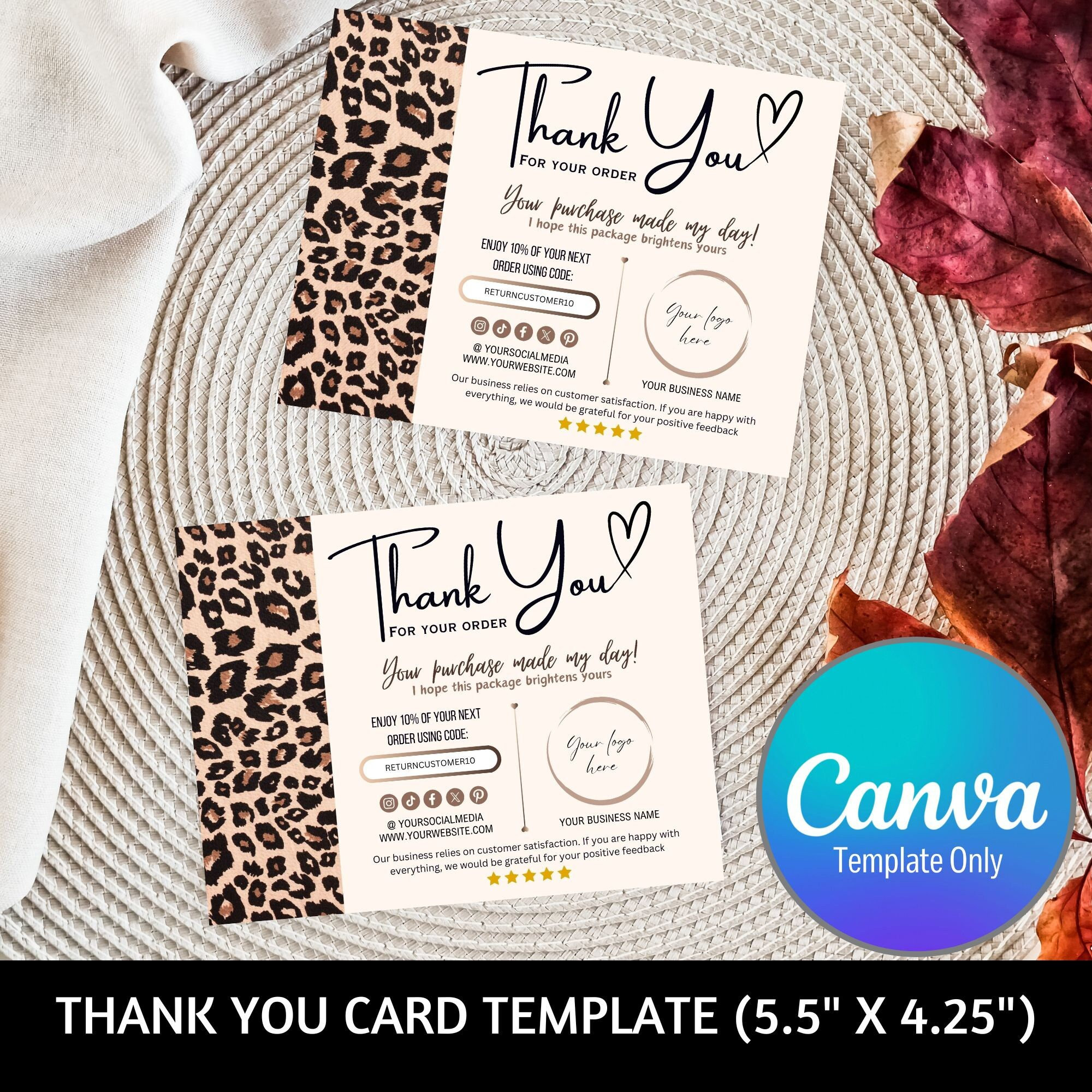 Leopard Print Thank You Card Template, DIY Cards, Canva Template ...
