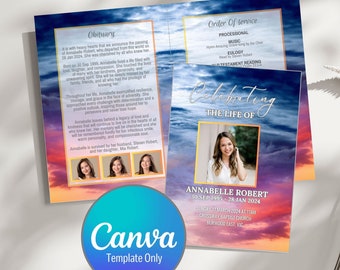 Magic Sky Funeral Program Template, Editable Obituary, Canva Template (Digital Download)
