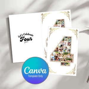 Editable Photo Collage Card Template, Four Year Celebration Card, Four Year Anniversary, Four Year Old's Birthday, Number Four Photo Frames