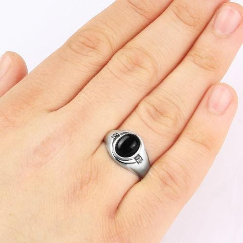 Man Silver Ring with Stone Black Stone Ring Man Onyx Ring with 2 DIAMOND Accents in Solid 925 Sterling Silver