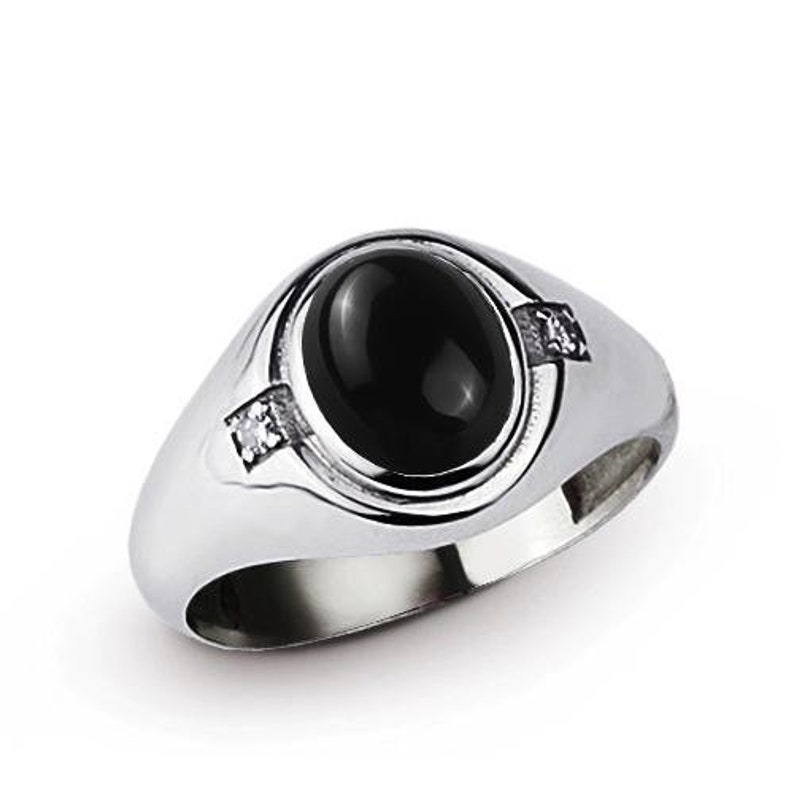 Man Silver Ring with Stone Black Stone Ring Man Onyx Ring with 2 DIAMOND Accents in Solid 925 Sterling Silver