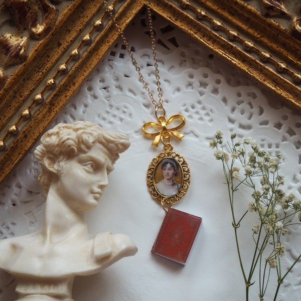 Littérature faite main classique allumé jane austen livre collier pendentif noeud clair sombre milieu universitaire