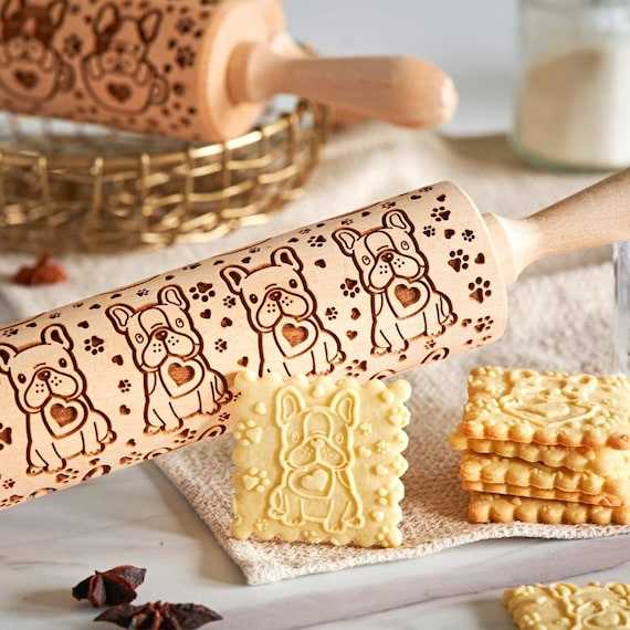 Roller with Your Pattern Embossing Rolling Pin French Bulldog Rolling Pin for Cookies with Dog/'s Head Engraved Rolling-pin