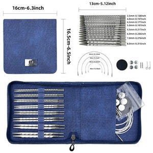 May include: A blue fabric knitting needle set with a zippered case measuring 16cm by 16.5cm. Includes multiple silver metal needles ranging from 3.5mm to 8.0mm, circular cables, end caps, and connectors, all organised within the case.