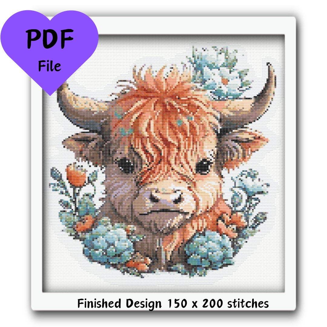 Highland Cow With Succulents Cross Stitch Pattern PDF Digital Design - Etsy