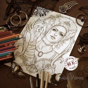 May include: A black and white line drawing of a woman with elaborate hair and a detailed ornate frame around her. The drawing is on white paper and has the text "HAND DRAWN NO AI ARTWORK SARAH RICHIER" at the bottom.