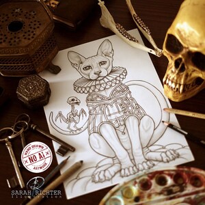 May include: A monochrome illustration of a Sphynx cat in elaborate attire, with a skeletal bird companion. The artwork is signed by Sarah Richter and marked "HAND DRAWN NO AI ARTWORK". The image includes keys and a skull.