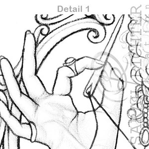 May include: A black and white line drawing of a hand holding a needle and thread. The hand is wearing a glove and is holding the needle and thread in a way that suggests it is sewing.